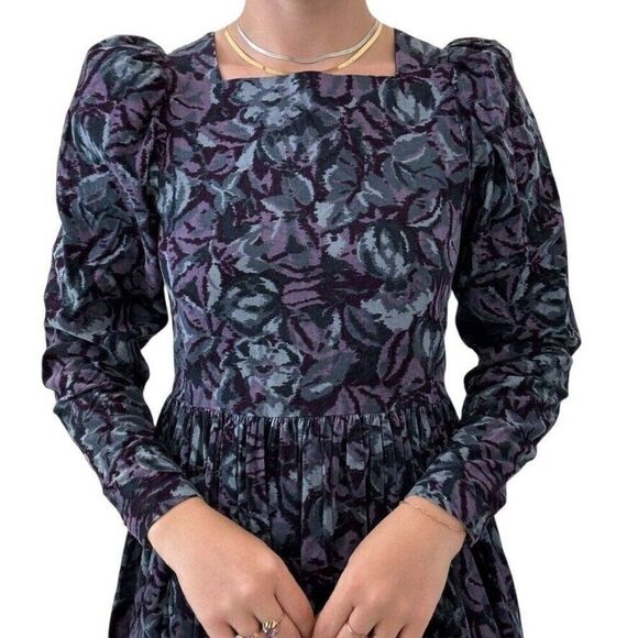 Vintage 1990s Laura Ashley Blue Purple Floral Velvet Puff Sleeve Maxi Dress Sz M - Picture 4 of 10